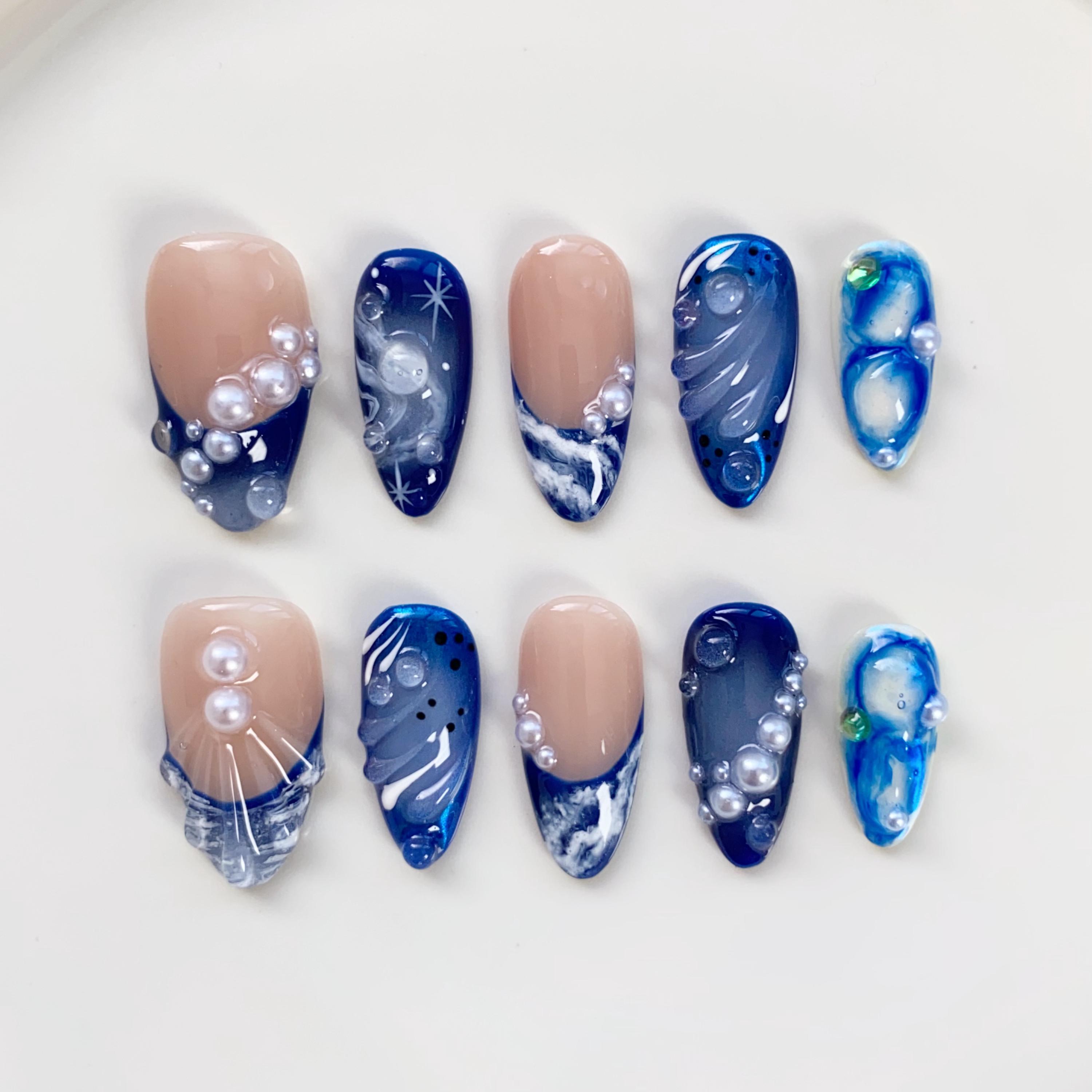 The Marias Nails/submarine Blue Press on Nails Long Almond Nails