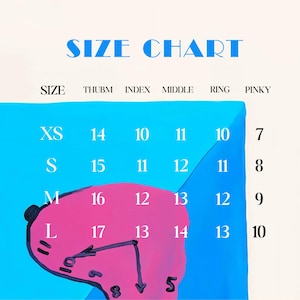 Puede incluir: Una tabla de tallas con las palabras "SIZE CHART" en azul. La tabla enumera las tallas XS, S, M y L, con las medidas correspondientes para el pulgar, el &iacute;ndice, el dedo medio, el anular y el me&ntilde;ique. Un gr&aacute;fico rosa y azul est&aacute; en la esquina inferior izquierda.