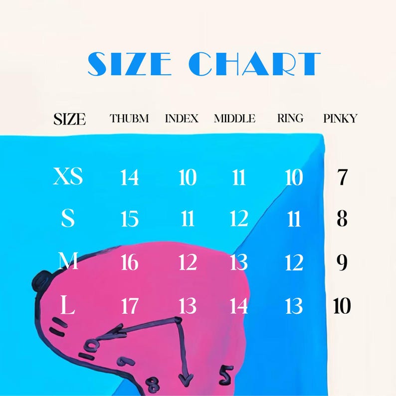 Puede incluir: Una tabla de tallas con las palabras "SIZE CHART" en azul. La tabla enumera las tallas XS, S, M y L, con las medidas correspondientes para el pulgar, el &iacute;ndice, el dedo medio, el anular y el me&ntilde;ique. Un gr&aacute;fico rosa y azul est&aacute; en la esquina inferior izquierda.