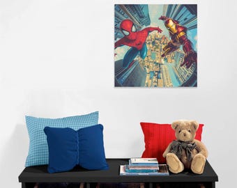 Superhero Spiderman & Ironman Poster for kids bedroom, colorful wall art