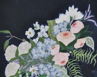 May include: An oil painting of a floral arrangement against a dark background. The bouquet features white roses, light blue hydrangeas, and pink roses, with green foliage and accents of white and purple flowers. The artwork has a painterly style.