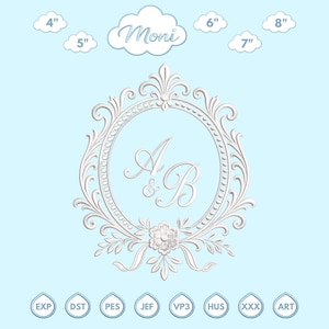 May include: White embroidered monogram design with the letters "A & B" inside an oval frame, surrounded by floral and scroll details. Sizes range from 4" to 8" in diameter. The word "Moni" is above the frame on a light blue background.