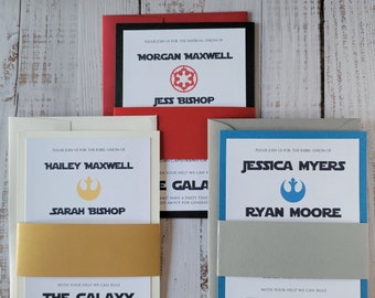 May include: Four Star Wars themed wedding invitations with a white background and black text. The invitations are for Hailey Maxwell and Sarah Bishop, Morgan Maxwell and Jess Bishop, Jessica Myers and Ryan Moore. The invitations feature the Rebel Alliance symbol and the Imperial symbol.