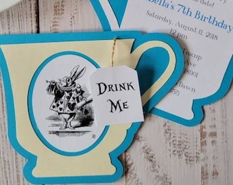 Alice in Wonderland Teacup Invitation | Die Cut | Bridal Shower | Baby Shower | Birthday | Sample | Packs of 10, 15 and 25