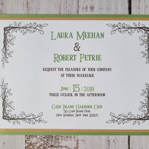 Zelda Wedding Invitation White Cardstock with Gold and Green Border