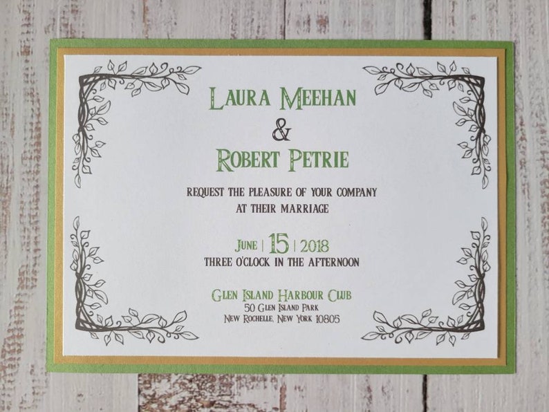 Zelda Wedding Invitation White Cardstock with Gold and Green Border