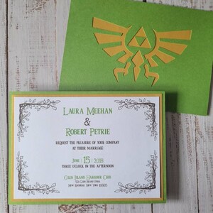 Zelda Wedding Invitation White Cardstock with Gold and Green Border | Green Cardstock with Gold Hyrule Crest on Back
