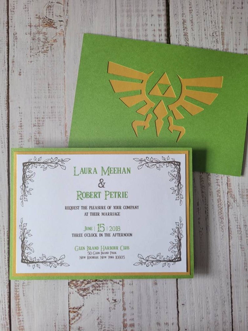 Zelda Wedding Invitation White Cardstock with Gold and Green Border | Green Cardstock with Gold Hyrule Crest on Back