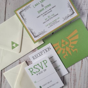 Zelda Wedding Invitation | Green Cardstock with Gold Hyrule Crest on Back | Ivory Envelope with Green Triforce Diecut | RSVP Card with Rupees | Reception Card | Ivory RSVP Card