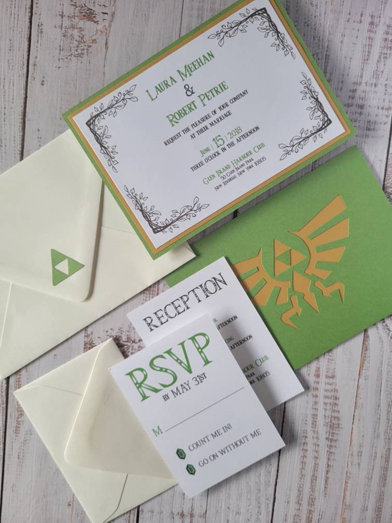 Zelda Wedding Invitation | Green Cardstock with Gold Hyrule Crest on Back | Ivory Envelope with Green Triforce Diecut | RSVP Card with Rupees | Reception Card | Ivory RSVP Card