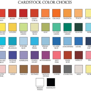 May include: A chart of cardstock color choices with 48 different color swatches. The colors are arranged in rows and columns, with each color labeled with its name. The colors include primary red, blush, burgundy, desert coral, persimmon, orange, valencia, peach, light yellow, primary yellow, golden, bright green, green bean, leaf, classic green, primary green, hunter, robin, citrus teal, Mediterranean, powder blue, blue prism, spring blue, classic blue, atmosphere, azure, deep navy, primary blue, intense cobalt, aubergine, purple heart, boysenberry, hot pink, dark rose, merlot, pink, pastel pink, gold, walnut, nutmeg, mocha divine, coffee, charcoal, milk, ivory, bright white, and midnight.