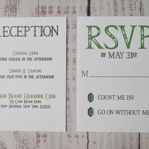 RSVP Card White Cardstock with Green Rupees | Reception Card with Zelda Theme Font Green and Brown text