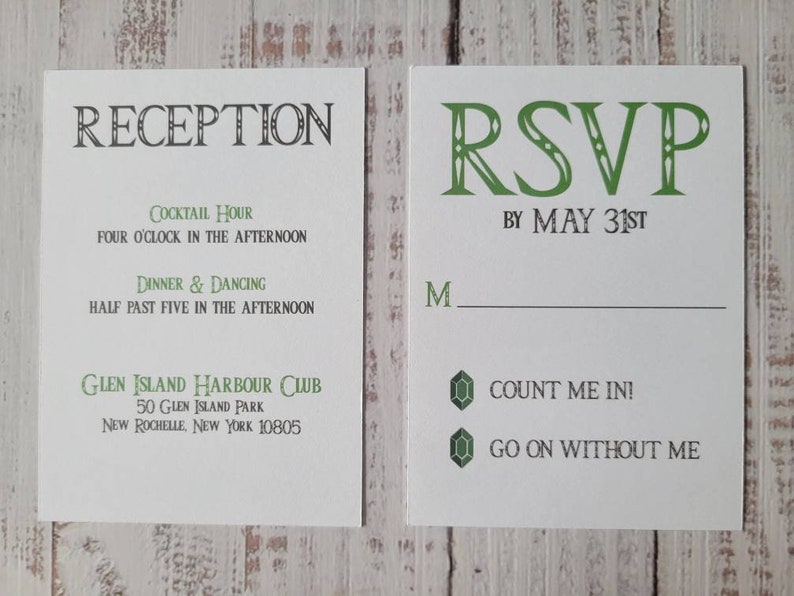 RSVP Card White Cardstock with Green Rupees | Reception Card with Zelda Theme Font Green and Brown text