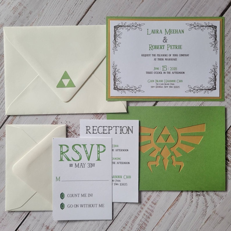 Zelda Wedding Invitation | Green Cardstock with Gold Hyrule Crest on Back | Ivory Envelope with Green Triforce Diecut | RSVP Card with Rupees | Reception Card | Ivory RSVP Card