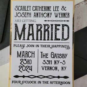 May include: A gold-trimmed white wedding invitation with black text. The invitation announces the marriage of Scarlet Catherine Lee and Joseph Anthony Werner. The wedding will take place on March 23rd, 2024 at The Gatsby, 5311 NY-5 Vernon, NY at four o'clock in the afternoon.