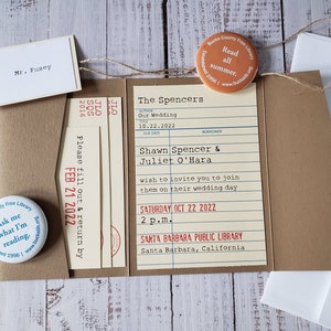 Invitaciones de bolsillo para boda de biblioteca de 5 x 7, conjunto de cuatro tarjetas