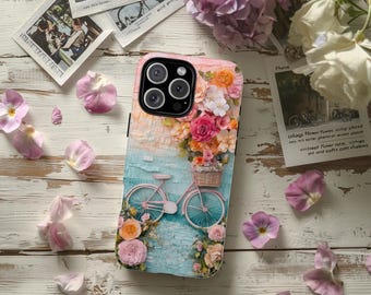 Blossom Bike Ride iPhone 16 15 14 13 Pro Max Case - Aesthetic Spring Floral Bicycle Cover - Romantic Gift Idea
