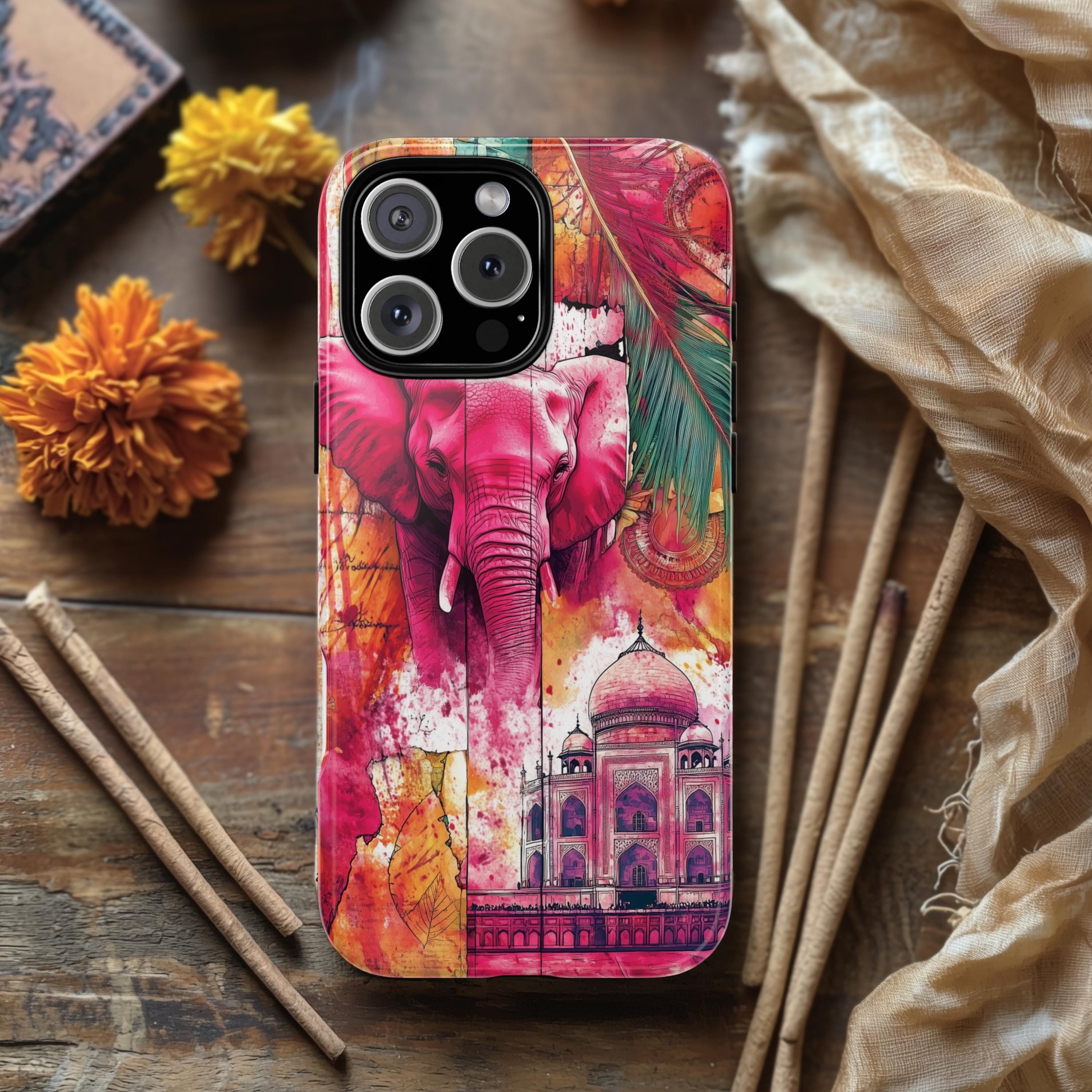 India Collage iPhone Case: Pink Elephant, Taj Mahal Watercolor Art
