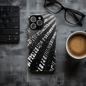 May include: A black smartphone case with a white data stream pattern. The case is next to a black keyboard, eyeglasses, and a cup of coffee on a gray surface. The case has a multi-lens camera.