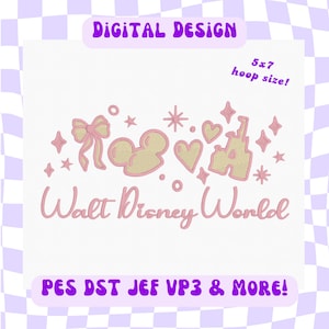 Design de bordado digital de orelhas de rato em castelo mágico – Arquivo digital fofo em tons pastéis para bordado à máquina (PES, DST, JEF, VP3)