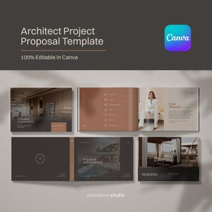 Puede incluir: Una plantilla para una Propuesta de Proyecto de Arquitecto, con el texto "Architect Project Proposal Template" y "100% Editable in Canva". La plantilla incluye varias páginas con renders arquitectónicos y una foto de una persona con un traje blanco. El logo de Canva está en la esquina superior derecha.