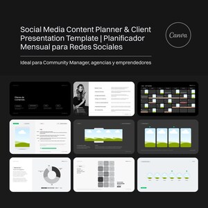 May include: A digital presentation template for social media content planning. The design features a dark background with various layout examples, including a calendar, charts, and mockups. The Canva logo is in the upper right corner.