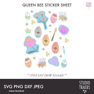 May include: A sticker sheet with a queen bee theme. The sheet features a variety of bee and flower designs, including a pink flower, a blue flower, a beehive, and a honeycomb. The sheet is perfect for adding a touch of whimsy to your crafts.