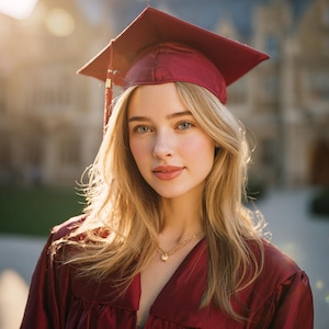 Birrete de graduación para adultos en tono rojo granate, acabado brillante, atuendo académico clásico para ceremonias, opciones de tamaño disponibles.