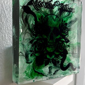 Puede incluir: Una pieza de arte de resina cuadrada con un fondo arremolinado verde y negro. La obra presenta una calavera negra con rosas, una serpiente y el texto "Kiss the Villain". La pieza se exhibe en un estante blanco.