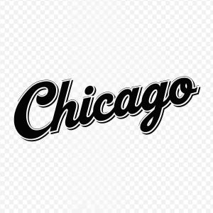 May include: Black and white Chicago script logo. The word "Chicago" is written in a cursive font with a black fill and a white outline. The background is transparent.