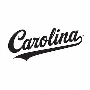 May include: Black and white graphic of the word "Carolina" in a cursive script with a stylized underline. The wordmark is set against a plain white background. The design has a vintage, sporty aesthetic.