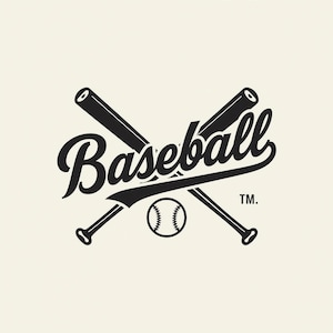 Peut inclure: Logo de baseball noir et blanc avec des battes croisées et une balle de baseball. Le mot "Baseball" est écrit en script. La balle de baseball a des coutures visibles. Le fond est de couleur crème.