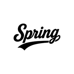 May include: A black graphic design featuring the word Spring written in a bold, cursive, script-style font. The text is oriented horizontally and includes a prominent, thick, curved underline stroke extending from the letter S to the end.