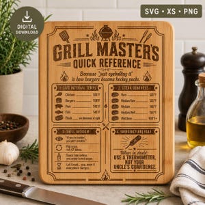 May include: A rectangular bamboo cutting board featuring laser-engraved text and graphics titled Grill Master's Quick Reference. It includes sections for safe internal temperatures in Fahrenheit, steak doneness, grill wisdom, and emergency BBQ rules.