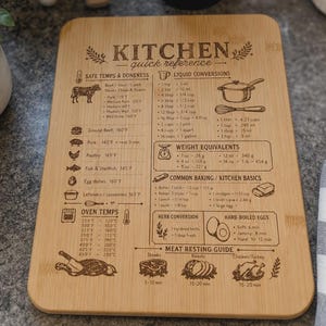 May include: A rectangular bamboo cutting board featuring a laser-engraved kitchen quick reference guide. The surface displays charts for safe meat temperatures, liquid conversions, weight equivalents, baking basics, herb conversions, and meat resting times.
