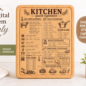 May include: A rectangular wooden cutting board featuring a laser-engraved kitchen quick reference guide. The design includes text and icons for safe meat temperatures, liquid conversions, weight equivalents, oven settings, and baking basics.
