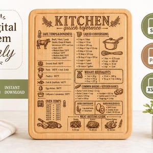 May include: A rectangular wooden cutting board design featuring laser-engraved kitchen reference charts including safe meat temperatures, liquid conversions, weight equivalents, oven settings, and a meat resting guide with various food illustrations.