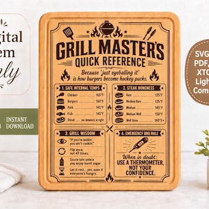 May include: A rectangular wooden chopping board featuring a laser-engraved Grill Master's Quick Reference guide. The design includes cooking temperature charts, steak doneness levels, and grilling tips with icons of a grill, spatula, and thermometer.
