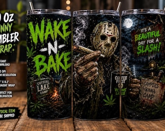 Adesivo para copo térmico Wake N Bake Jason Horror | Design de sublimação Crystal Lake (Download digital)