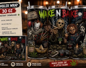 Wake N Bake Horror Friends Skinny Tumbler Wrap PNG | Download instantâneo