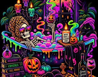 Imagem PNG de um esqueleto neon para banho de espuma de Halloween | Design assustador para autocuidado (Download digital)