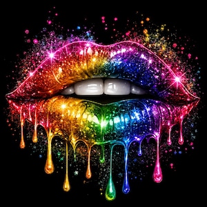 Puede incluir: Imagen de arte digital de labios brillantes en colores del arcoíris sobre un fondo negro. Los labios tienen un efecto goteante y líquido, con dientes blancos. La imagen está adornada con destellos brillantes, creando un diseño llamativo y colorido.
