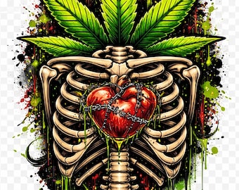 Grafite Esqueleto Coração Cannabis | Arte de Cannabis com Costura em Formato de Coração e Caixa Torácica | Digital