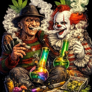 May include: Digital art featuring Freddy Krueger and Pennywise the clown smoking. They are surrounded by smoke, bongs, and cannabis. Freddy wears a striped sweater and hat, while Pennywise is in clown makeup. Various accessories are scattered around.