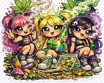 Meninas Puff Chapadas PNG – Arte Psicodélica de Desenho Animado (Download Digital)