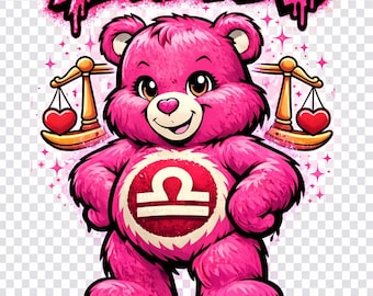 Urso do Zodíaco Libra PNG | Design de Camiseta Astrológica | Arte Retrô de Urso | Download Digital
