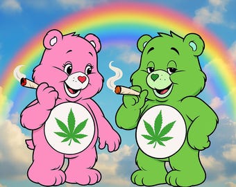 Dúo de Ositos Cariñosos Fumetas – Ositos Rosas y Verdes con Hojas de Marihuana – Descarga Digital PNG