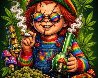 Transferencia DTF de Chucky Stoner / Gráfico de terror psicodélico (Descarga digital)