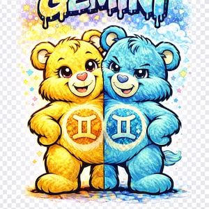 May include: A whimsical illustration featuring two teddy bears representing the Gemini zodiac sign. One bear is yellow, the other blue, each with a Gemini symbol on their belly. The word "GEMINI" is written above in a dripping style.