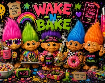 PNG retrô dos anos 90 com os Trolls fumando maconha | Sublimação neon vibrante para quem curte um baseado (Download digital)